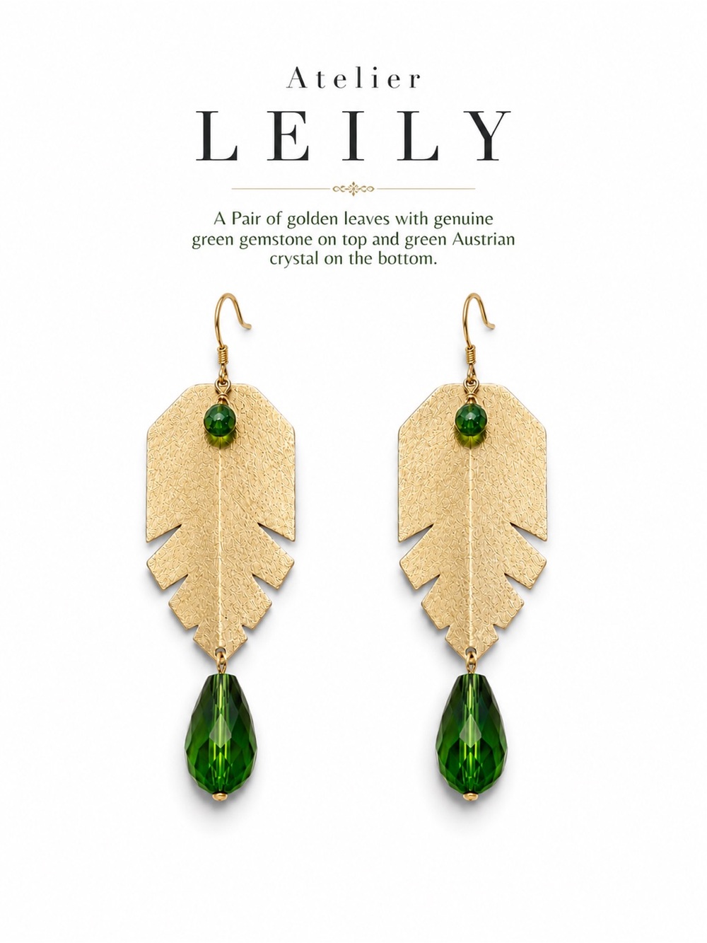 Gold Leaf Earrings with Green Gemstones